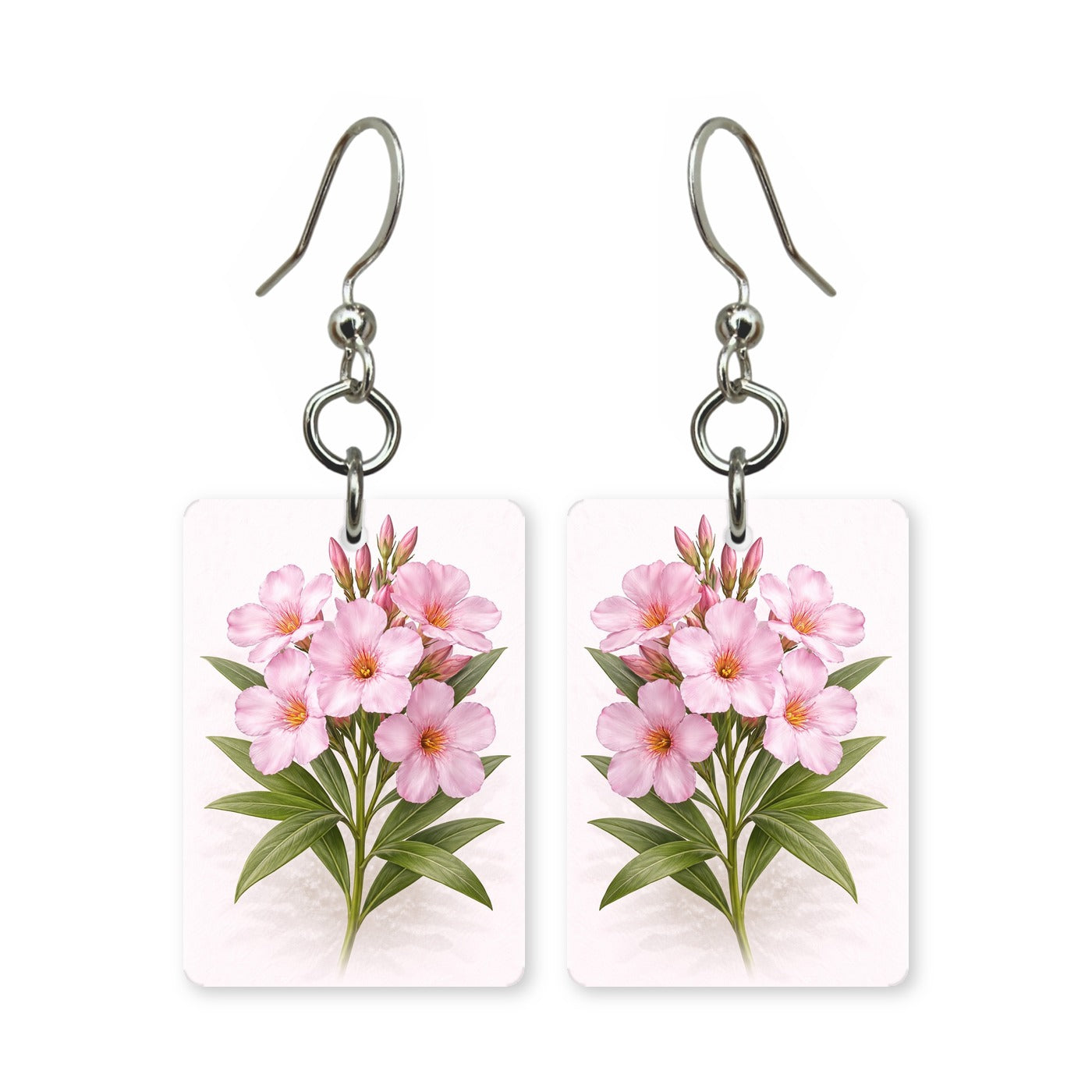 Pink blossom earrings — soft pink blossoms on a bare branch, cut-paper art, made in USA