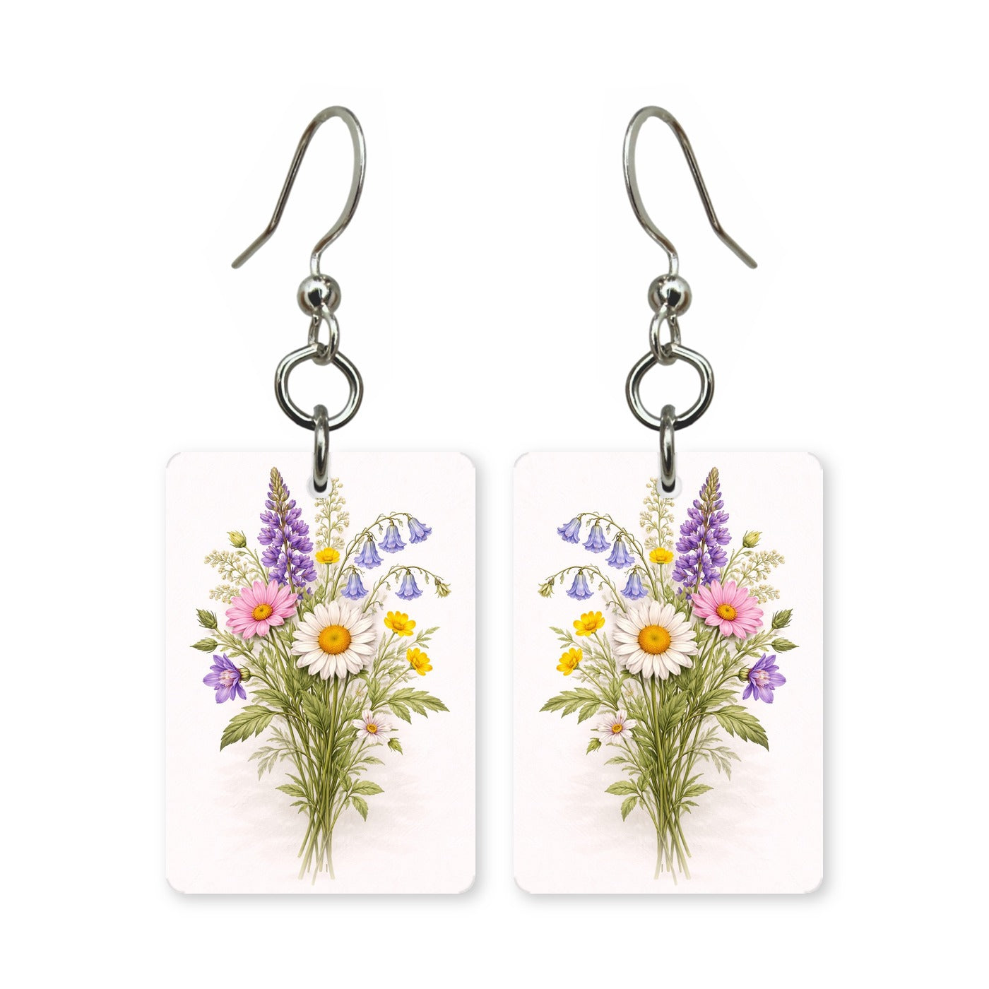 Wildflower bouquet earrings — gathered bouquet of mixed wildflowers, cut-paper art, made in USA