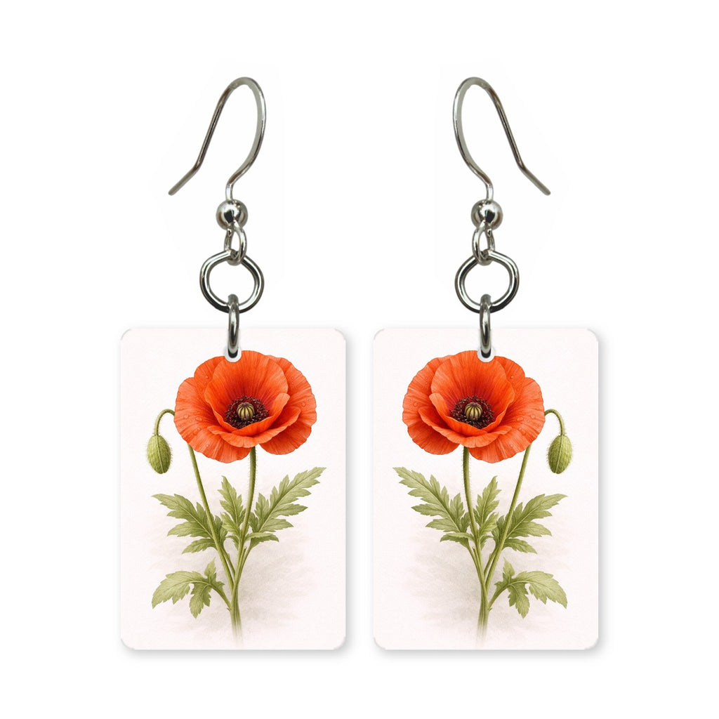 Red poppy earrings — red poppies with black centers, cut-paper botanical art, made in USA