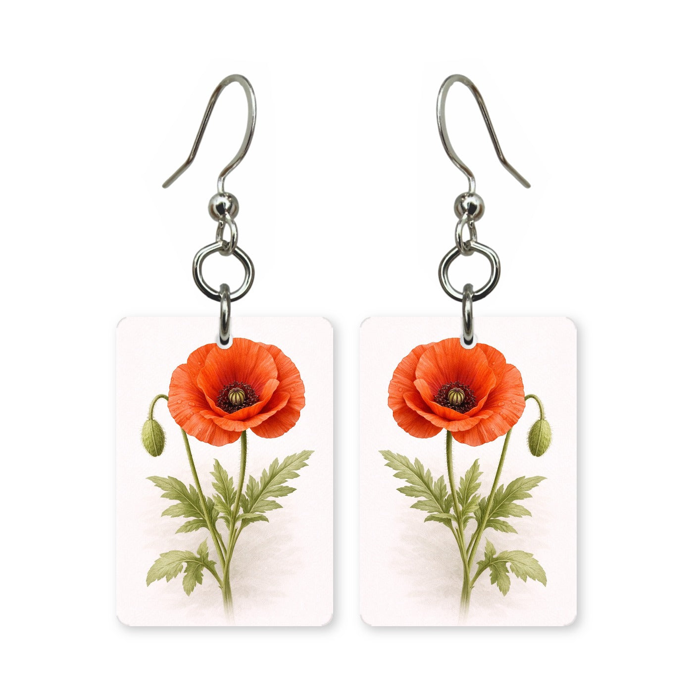 Red poppy earrings — red poppies with black centers, cut-paper botanical art, made in USA