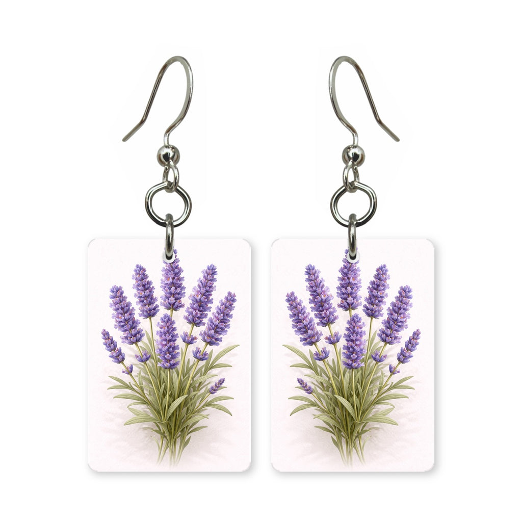 Lavender sprig earrings — soft purple lavender stems in cut paper, made in USA