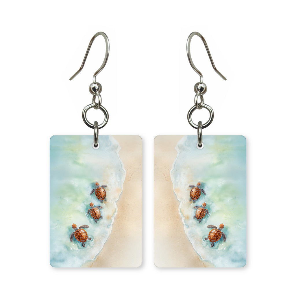 Hatchling trio earrings — three sea turtle hatchlings running to sea, made in USA