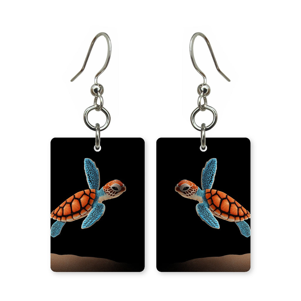 Midnight turtle earrings — sea turtle in deep midnight water, cut-paper art, made in USA