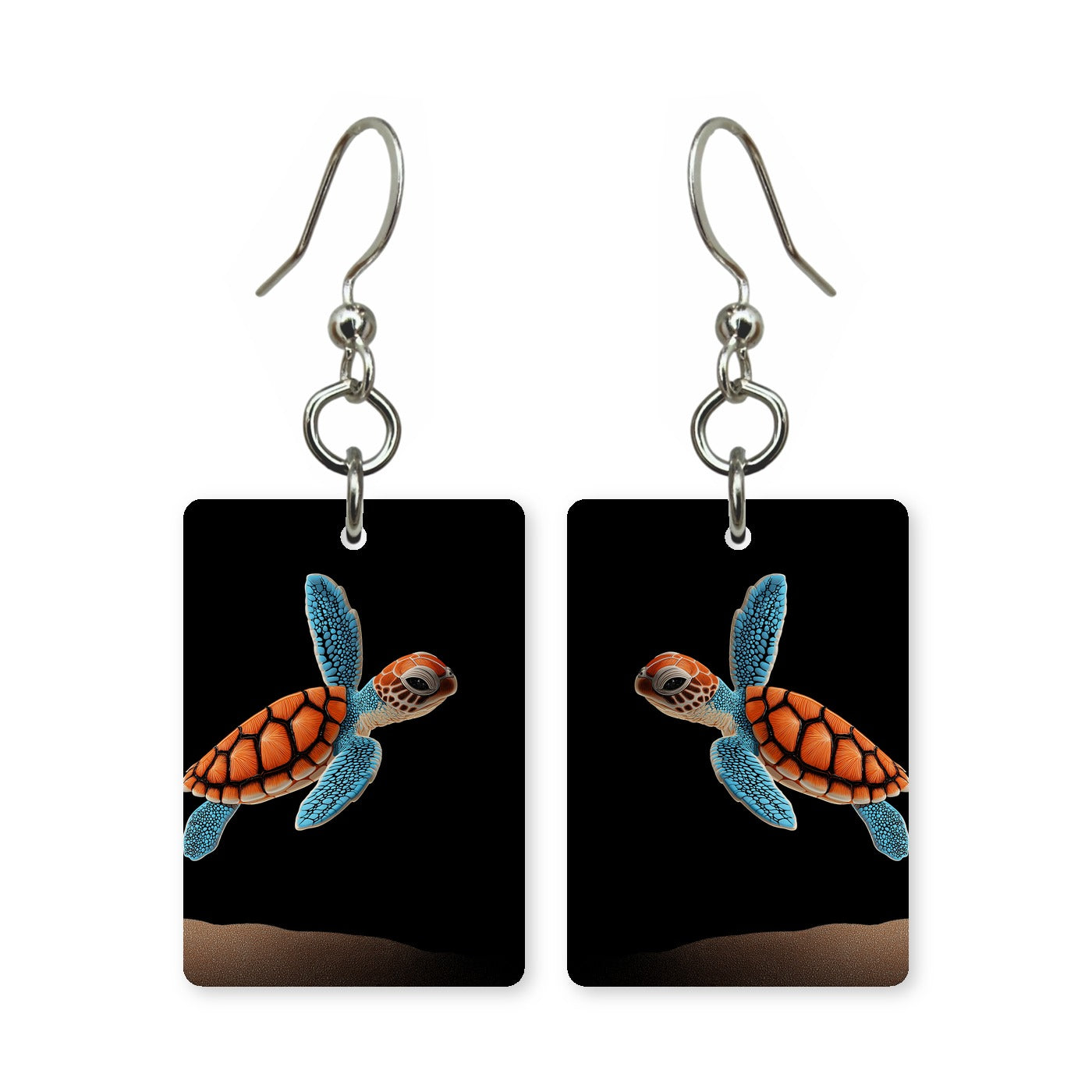 Midnight turtle earrings — sea turtle in deep midnight water, cut-paper art, made in USA