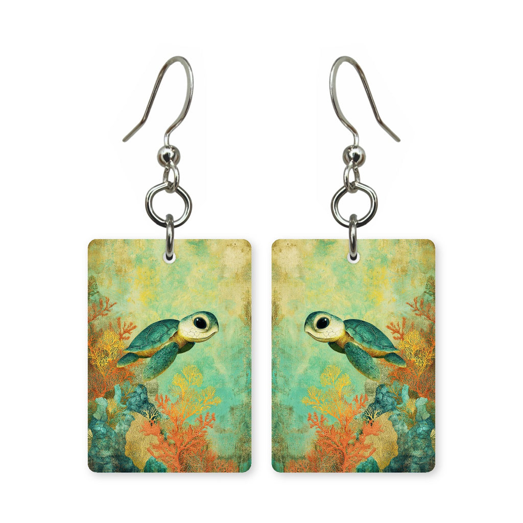 Golden reef turtle earrings — sea turtle over gold-lit reef, cut-paper art, made in USA