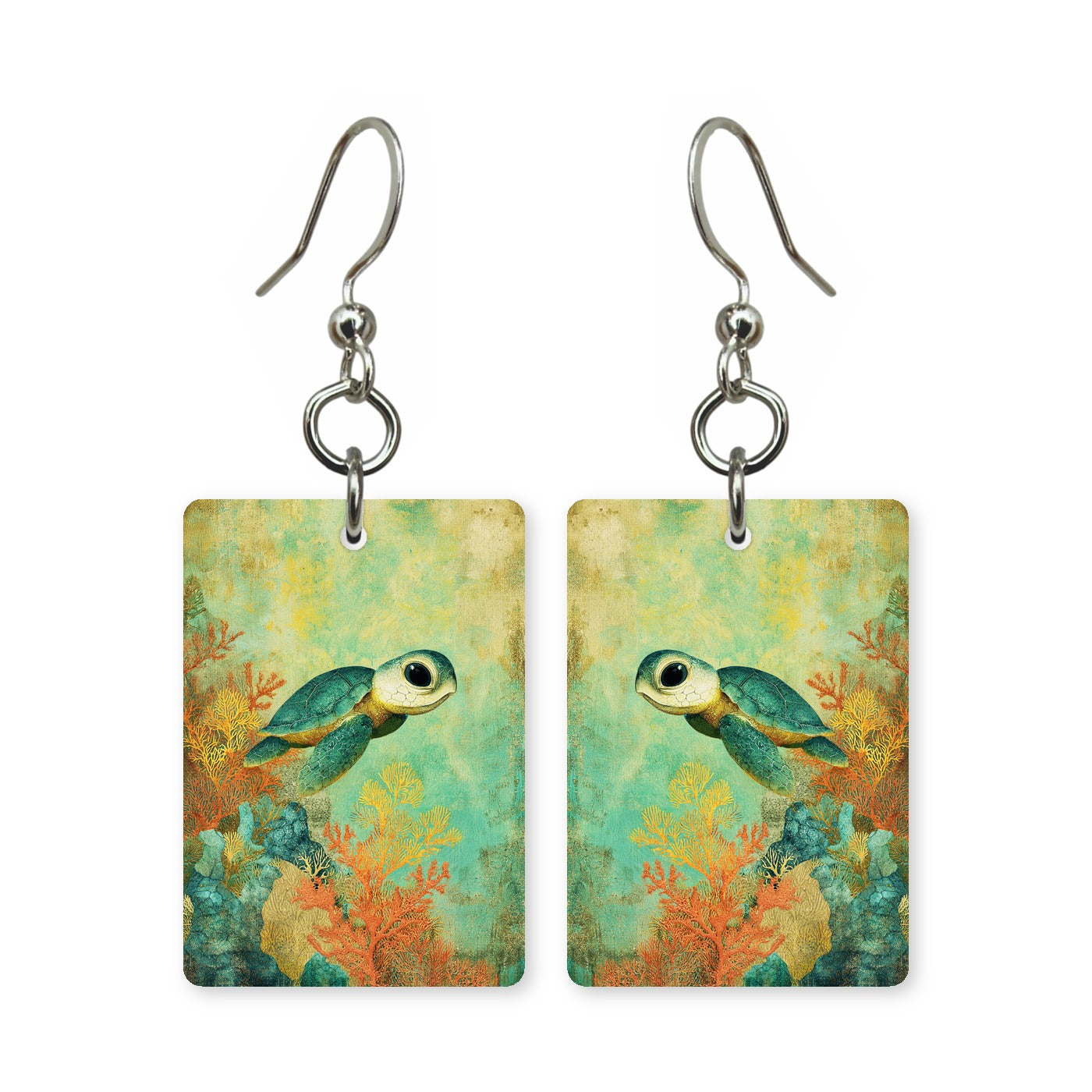 Golden reef turtle earrings — sea turtle over gold-lit reef, cut-paper art, made in USA