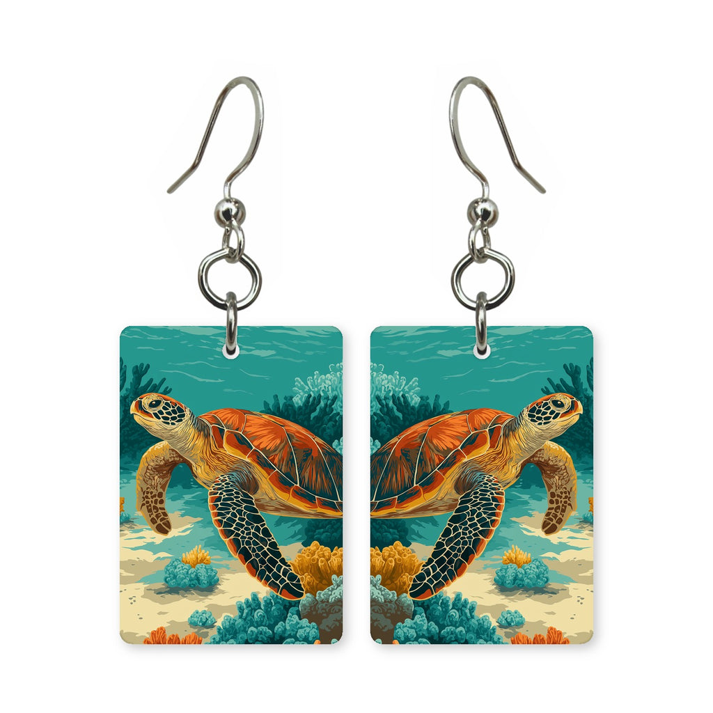 Ocean reef turtle earrings — sea turtle along the reef edge, cut-paper art, made in USA