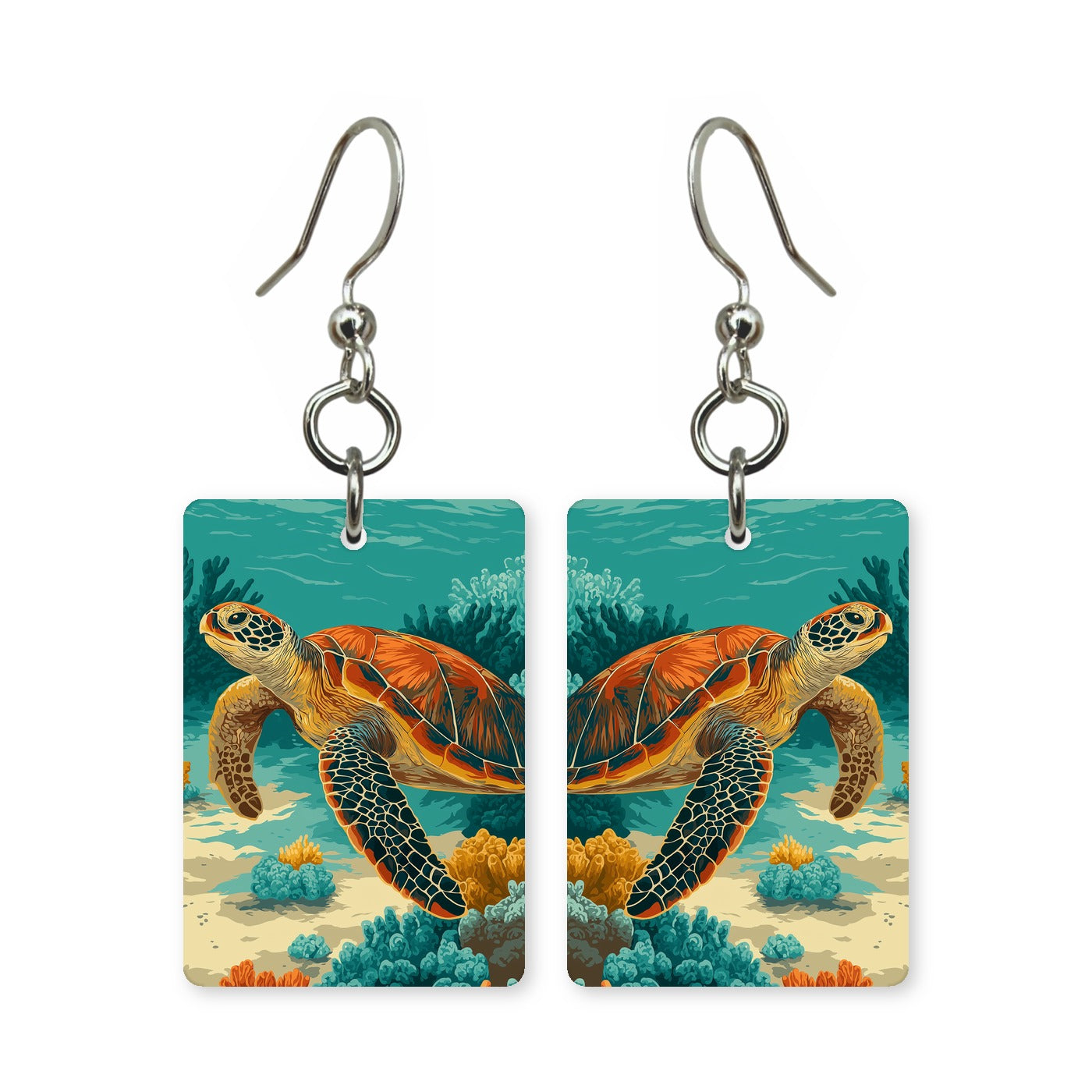 Ocean reef turtle earrings — sea turtle along the reef edge, cut-paper art, made in USA