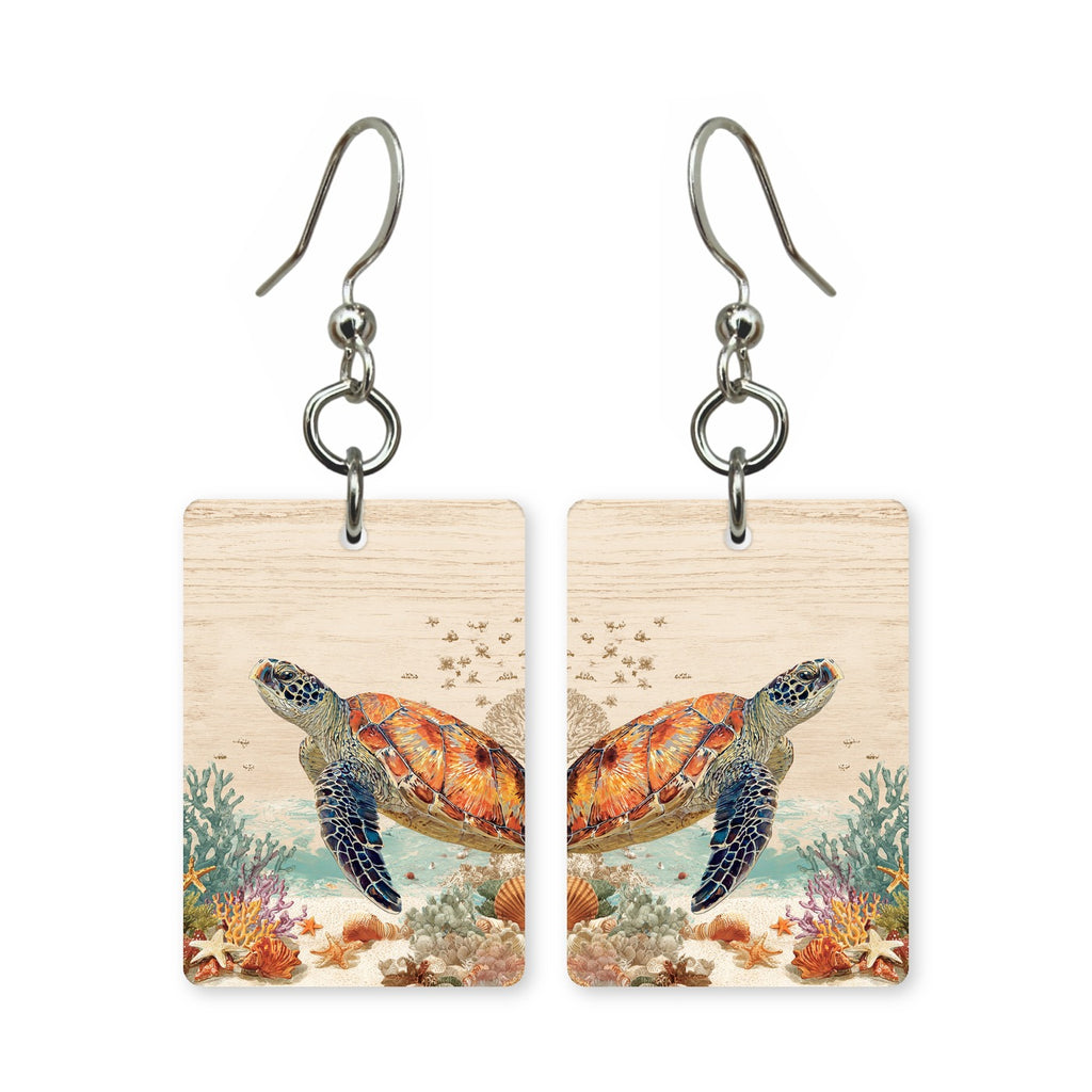 Shallows turtle earrings — sea turtle in bright shallow water, cut-paper art, made in USA