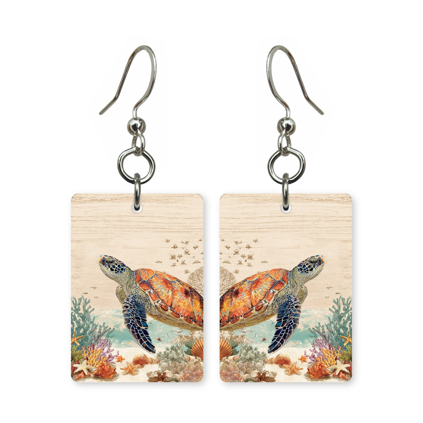 Shallows turtle earrings — sea turtle in bright shallow water, cut-paper art, made in USA