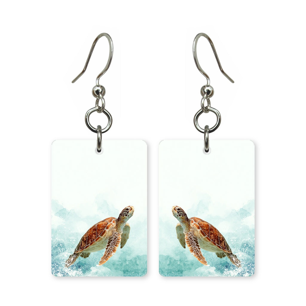 Watercolor turtle earrings — sea turtle in soft watercolor bleed, made in USA