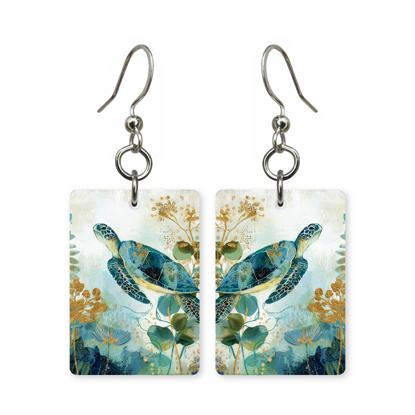 Golden sea turtle earrings — turtle lit gold through the water, cut-paper art, made in USA
