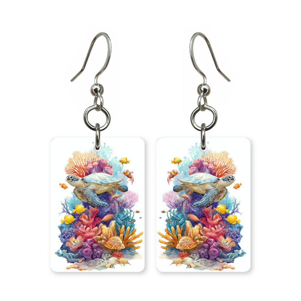 Coral garden turtle earrings — sea turtle over bright coral, cut-paper art, made in USA