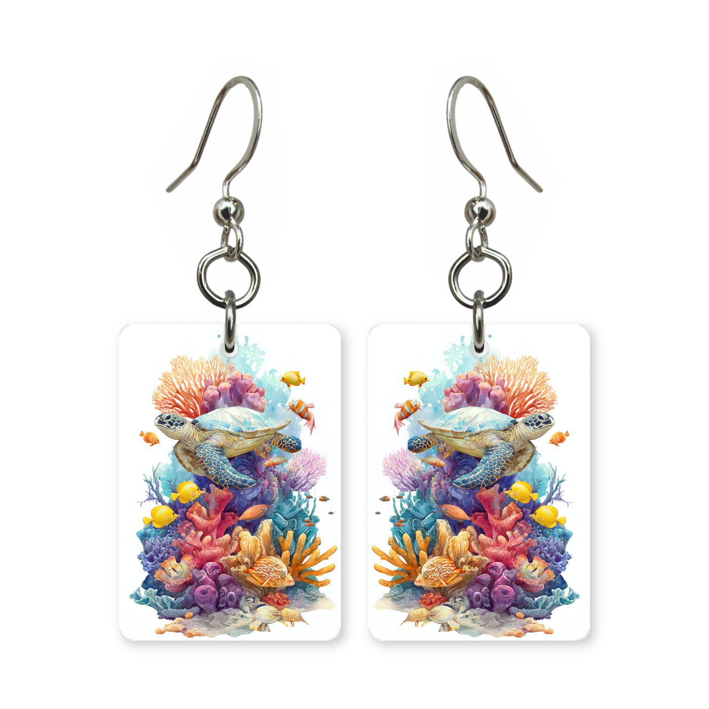 Coral garden turtle earrings — sea turtle over bright coral, cut-paper art, made in USA