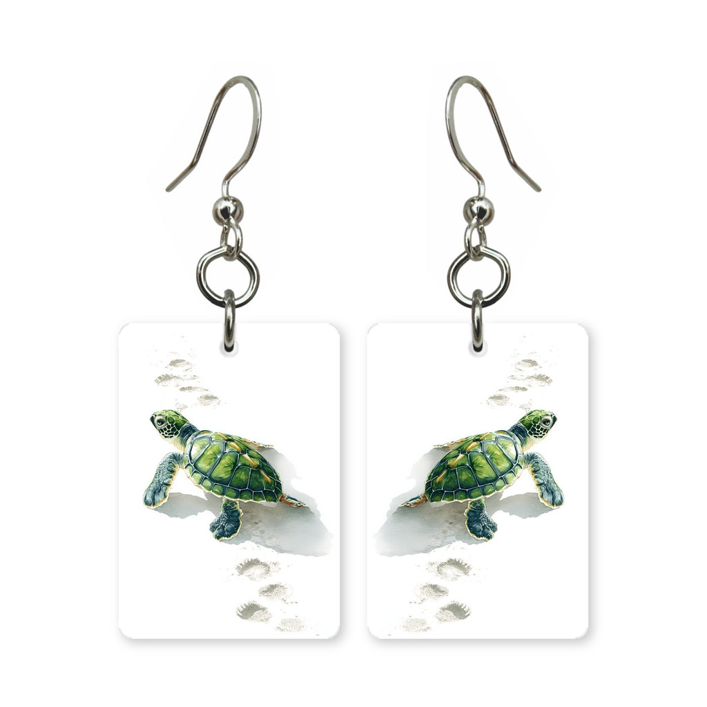 Green sea turtle earrings — sea turtle mid-glide in cut-paper art, made in USA
