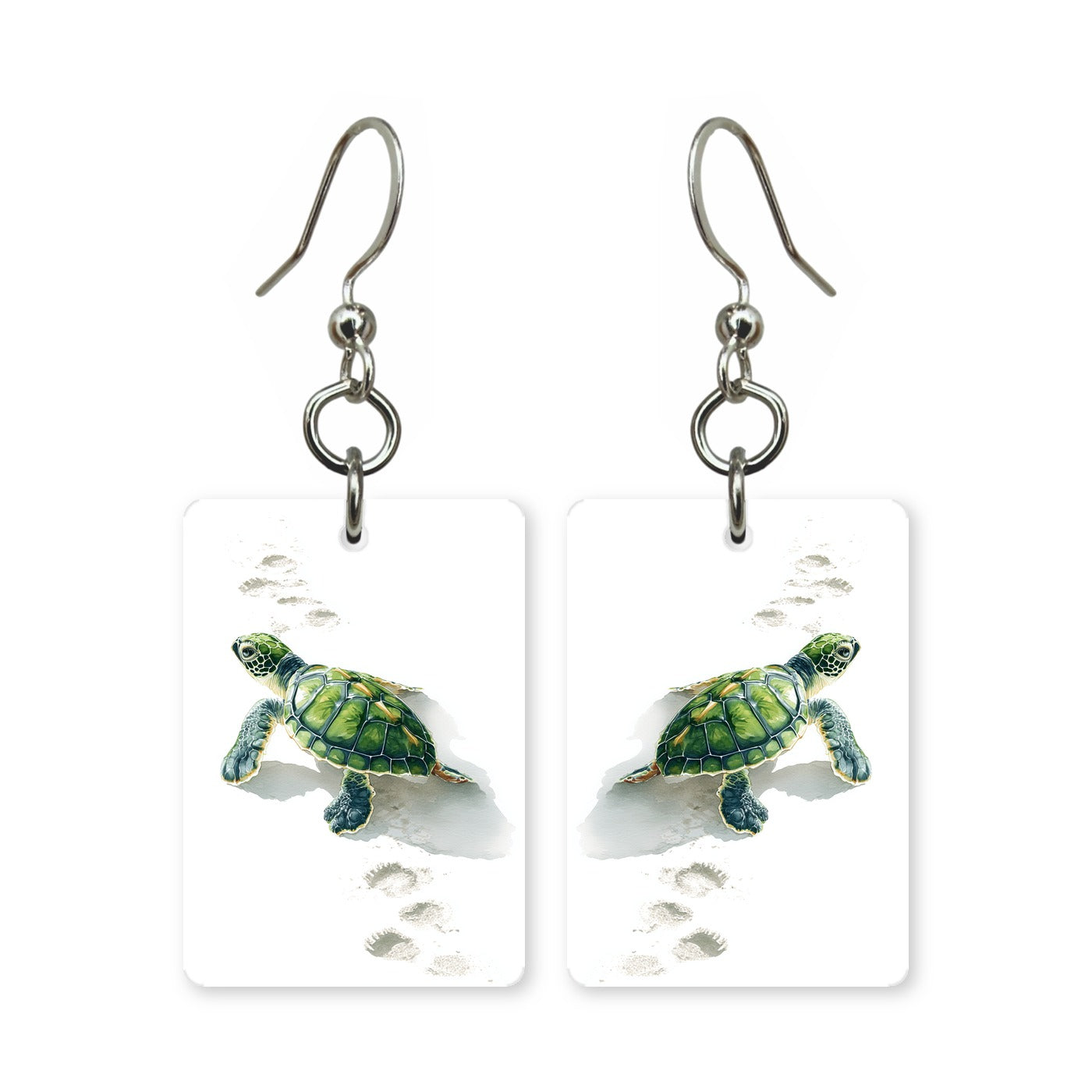 Green sea turtle earrings — sea turtle mid-glide in cut-paper art, made in USA