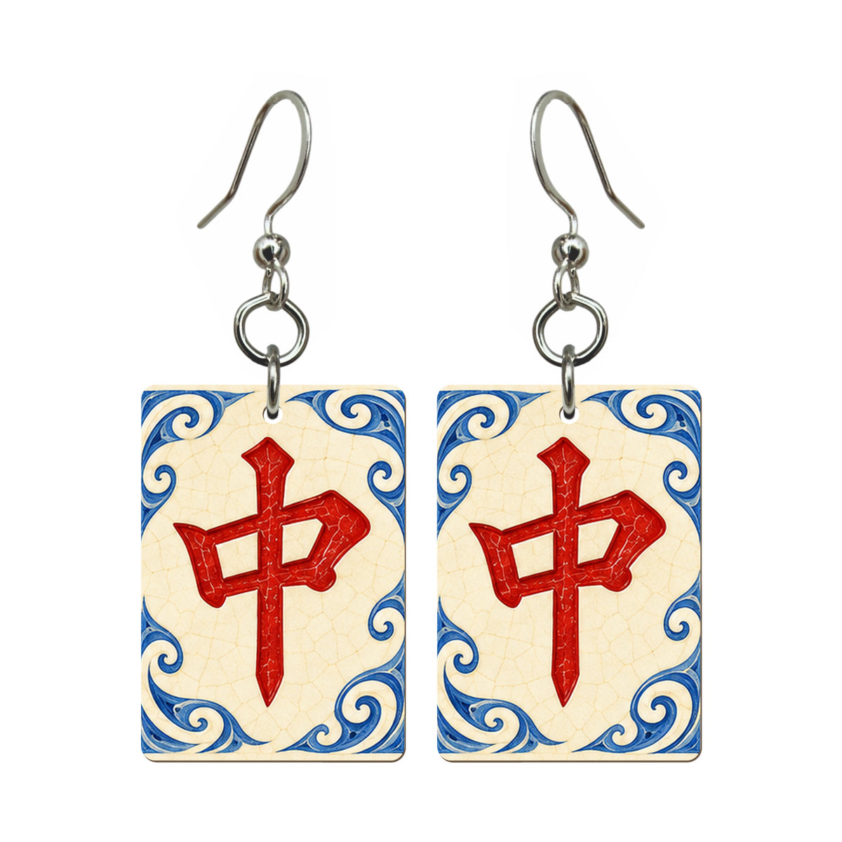 Pottery Wind Red Dragon Mahjong Earrings | FWMJ107 — earring pair