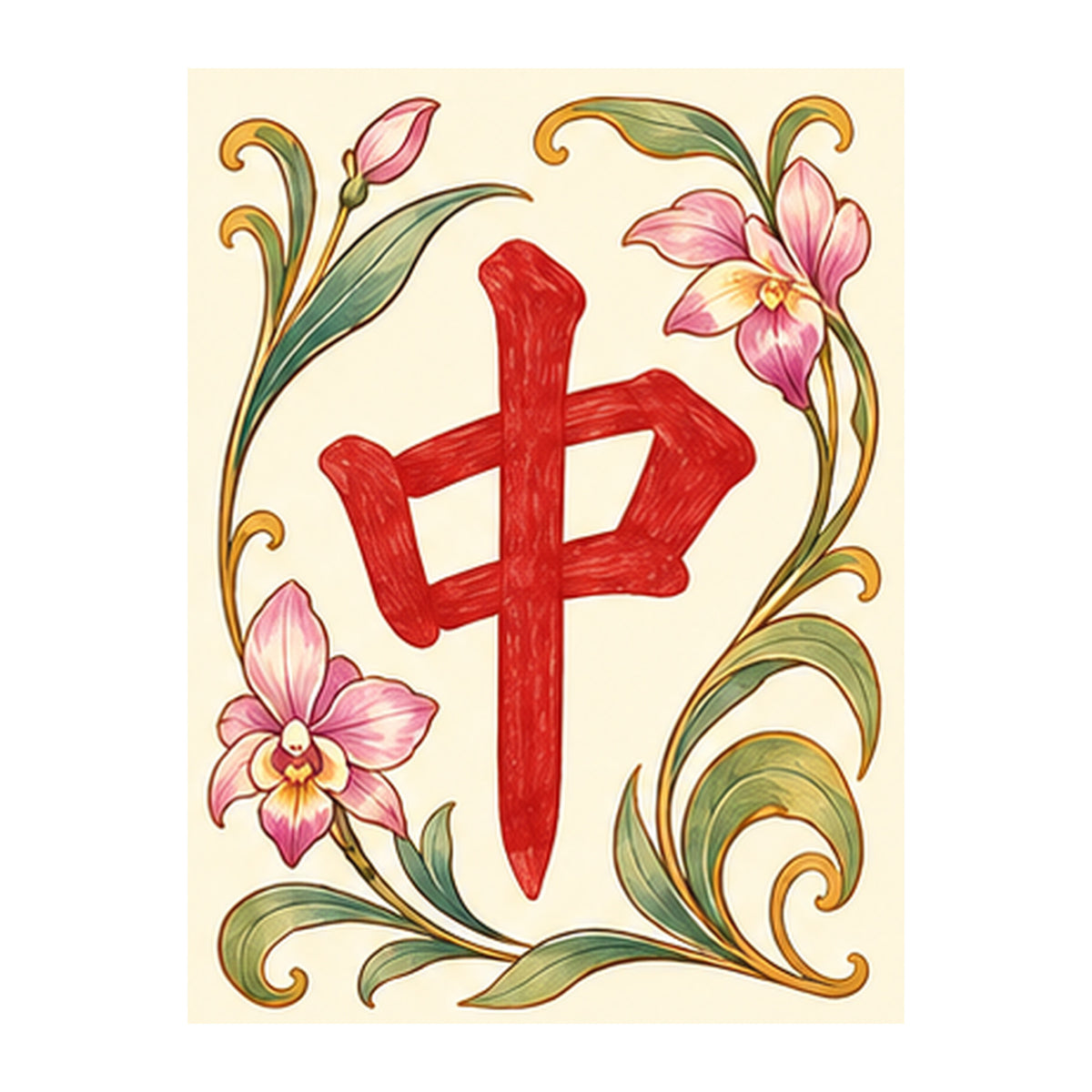 Nouveau Orchid Red Dragon Mahjong Earrings | FWMJ131 — artwork detail