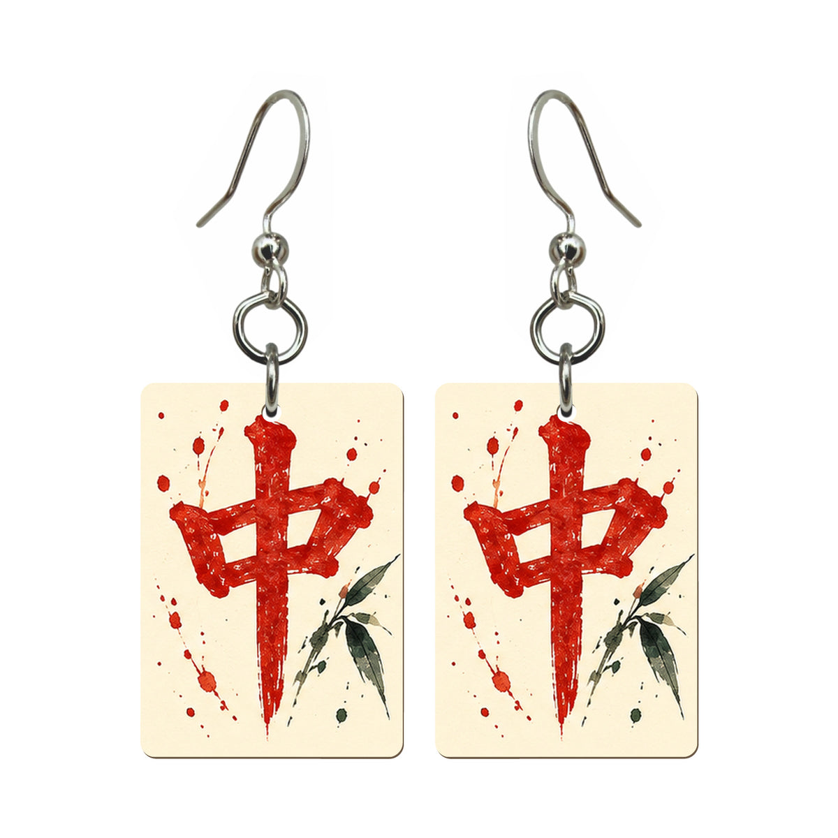 Ink Bamboo Red Dragon Mahjong Earrings | FWMJ155 — earring pair