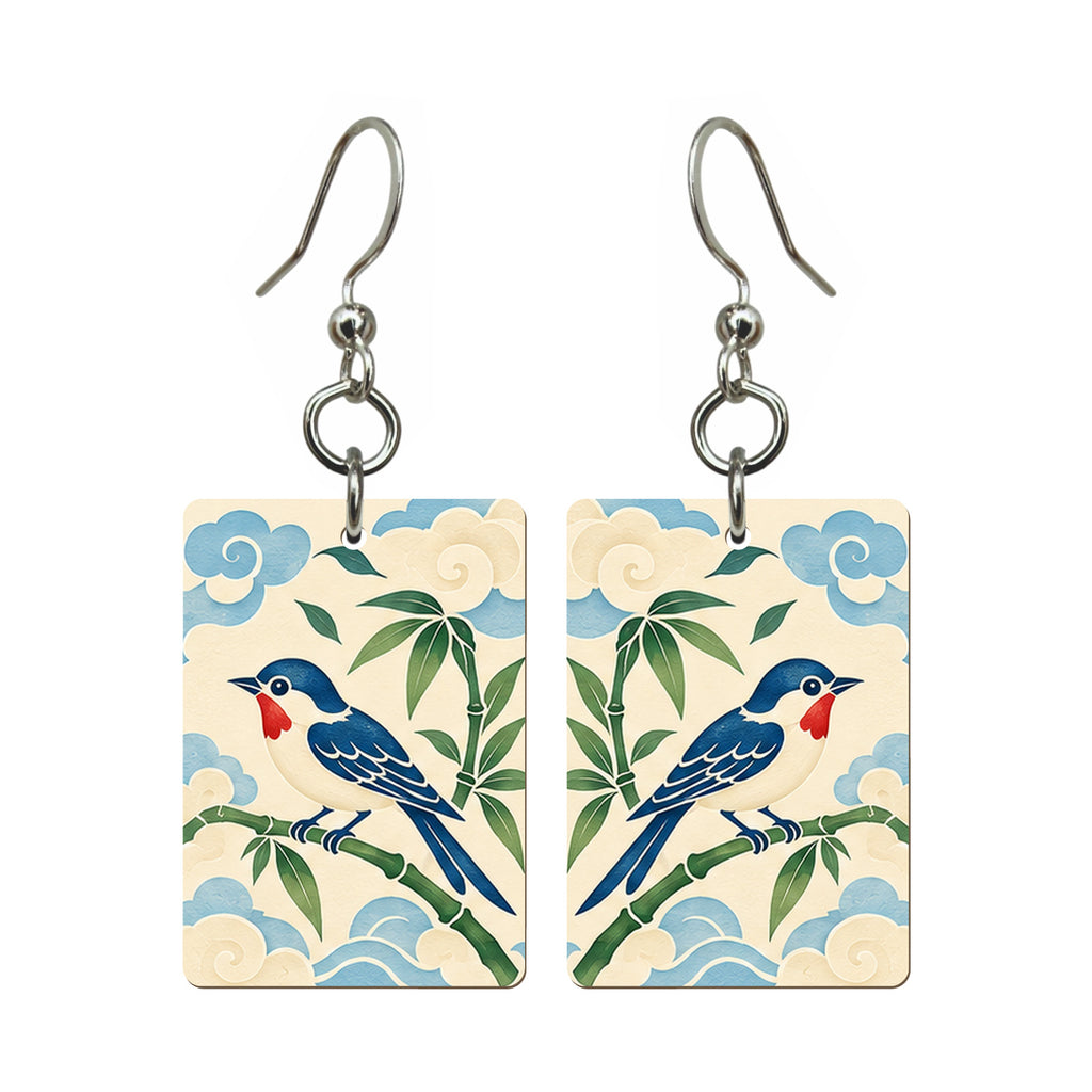 Paper Wind Bamboo Bird Mahjong Earrings | FWMJ163 — earring pair