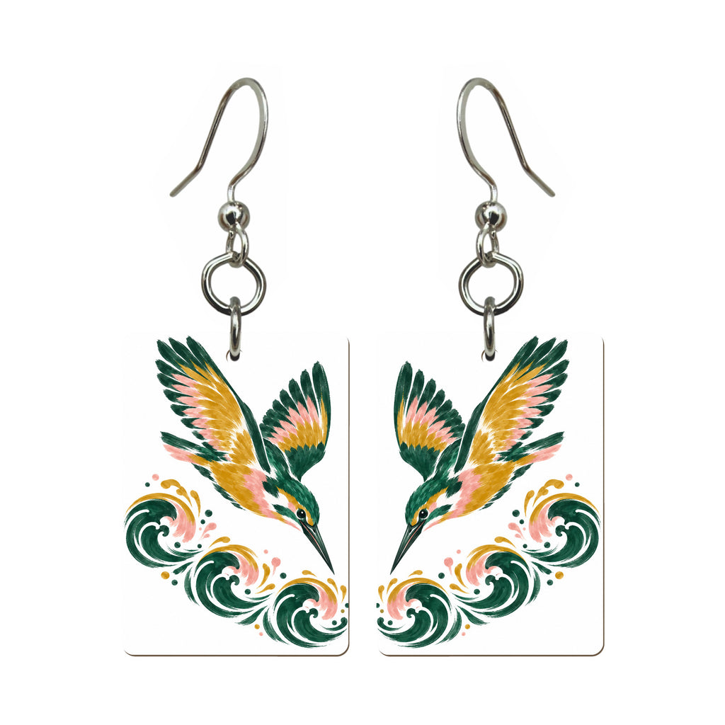 Kingfisher Dive Mahjong earrings, pair mockup