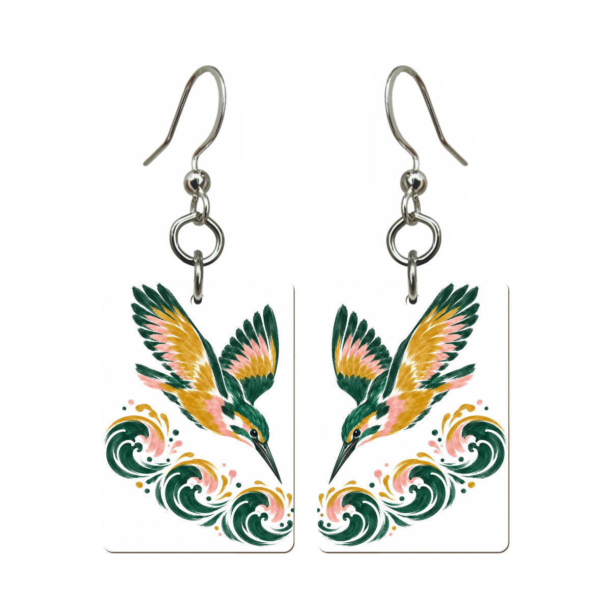 Kingfisher Dive Mahjong earrings, pair mockup