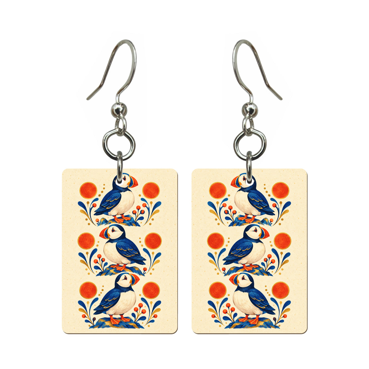 Puffin Pips Mahjong earrings, pair mockup