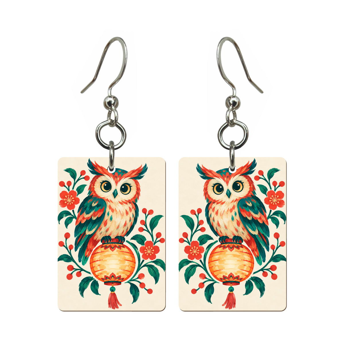 Owl Lantern Mahjong earrings, pair mockup