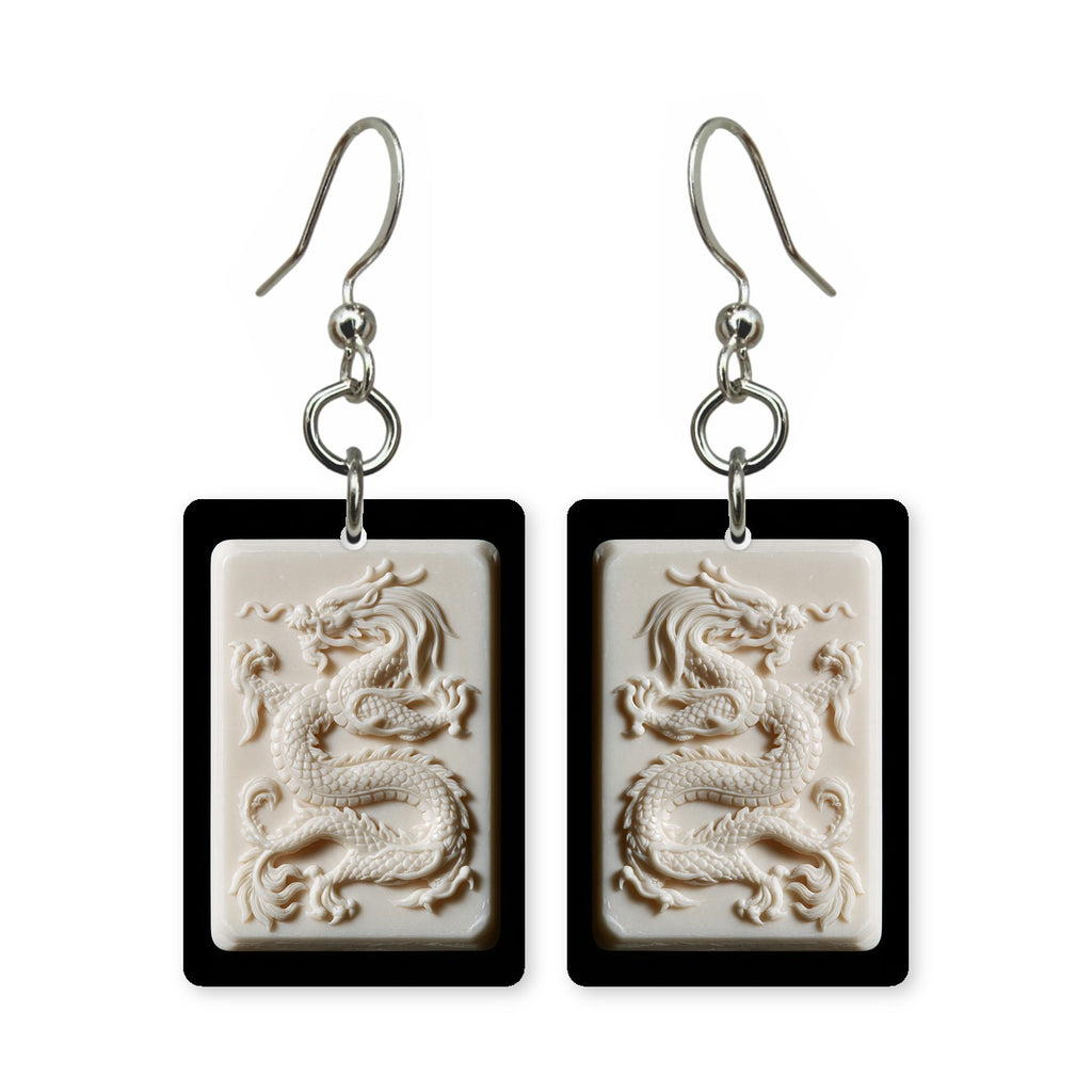 White Dragon Tile Mahjong Earrings | FWMJ31