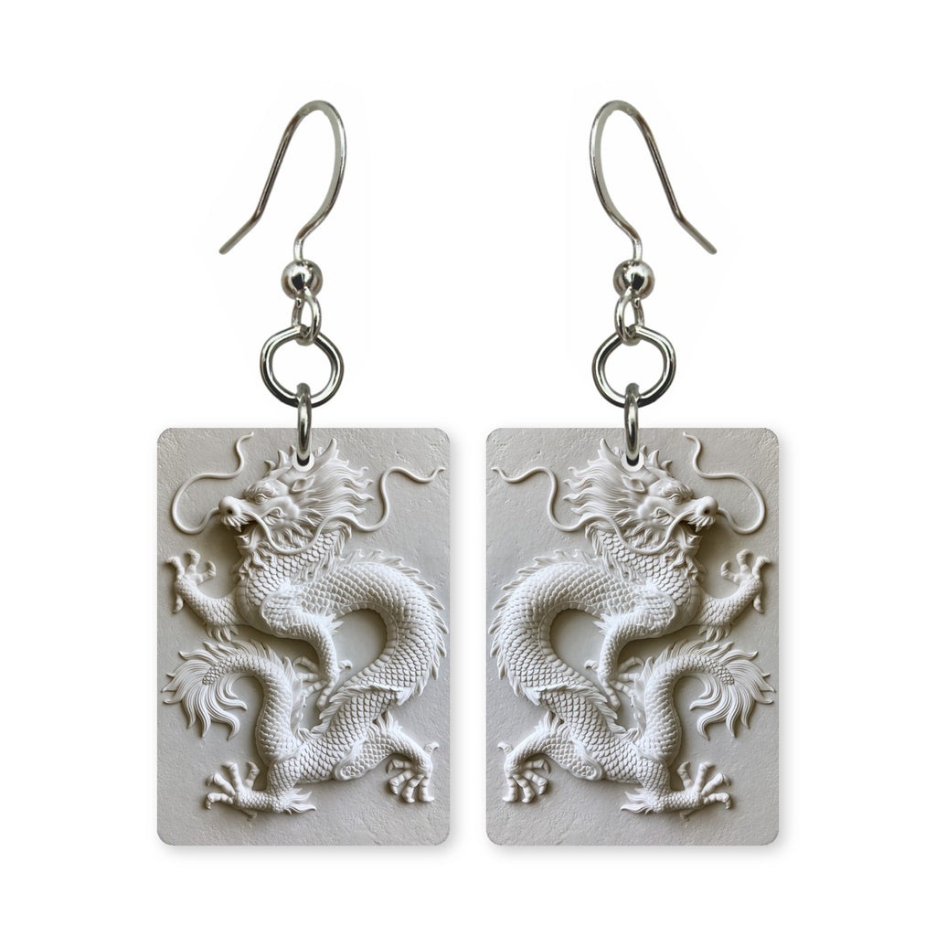 White Dragon Relief Mahjong Earrings | FWMJ32