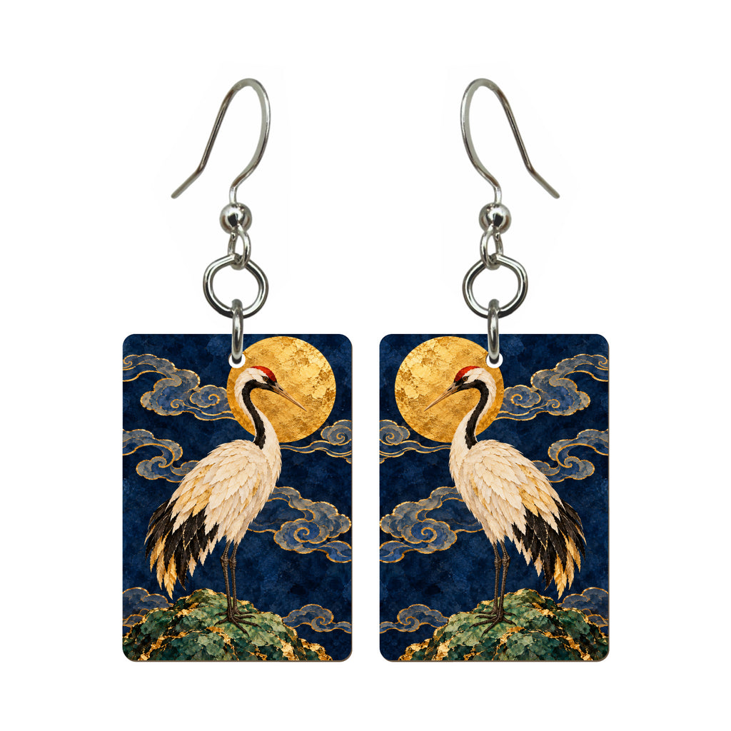 Crane and Golden Moon — 3:4 Mahjong earring pair