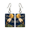 Crane and Golden Moon — 3:4 Mahjong earring pair
