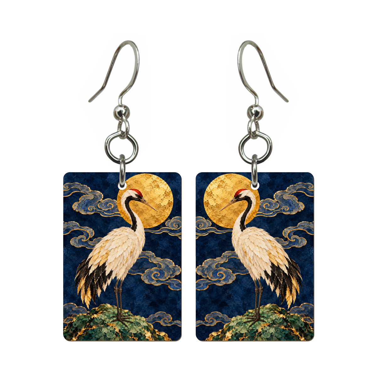Crane and Golden Moon — 3:4 Mahjong earring pair