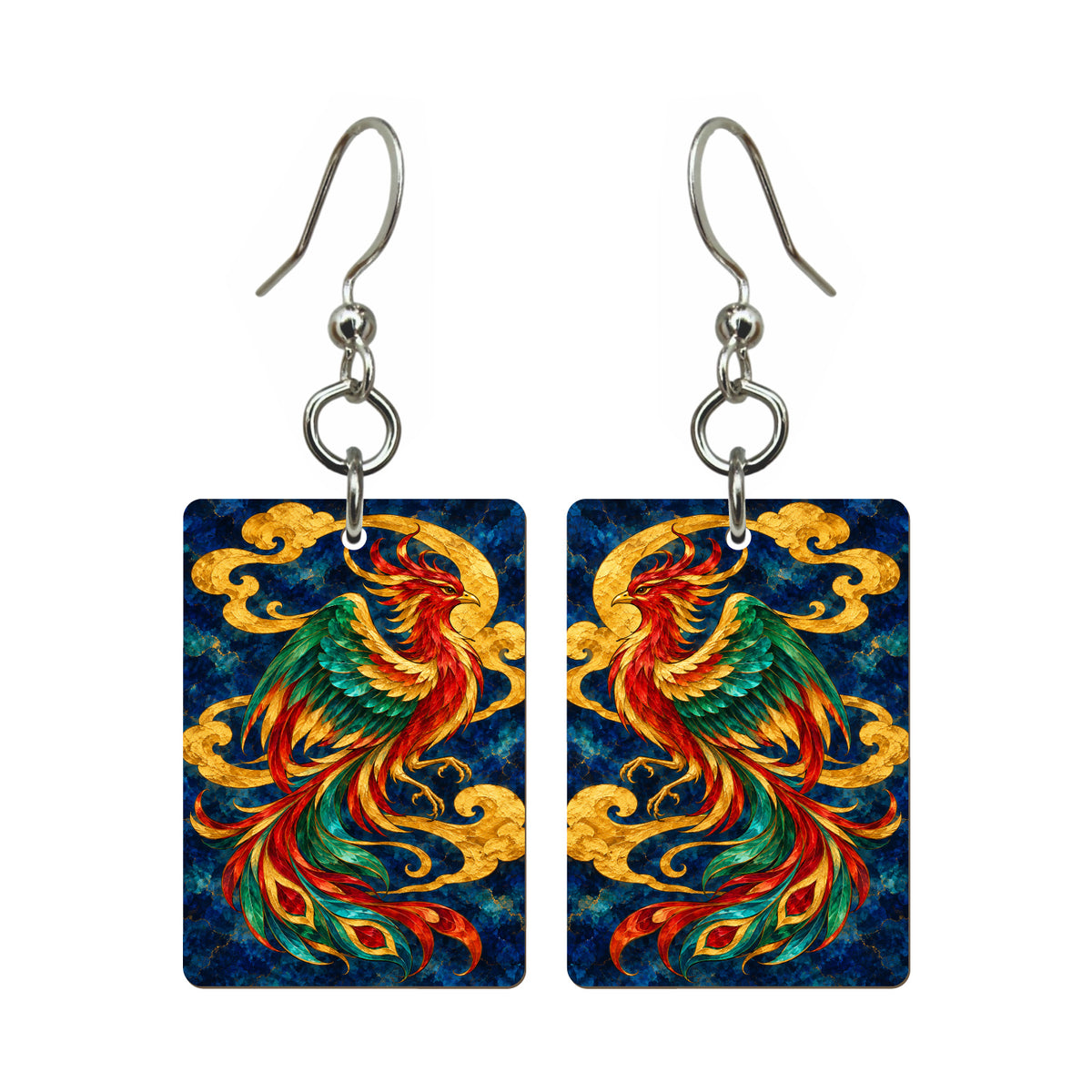 Phoenix in Jewel Light — 3:4 Mahjong earring pair
