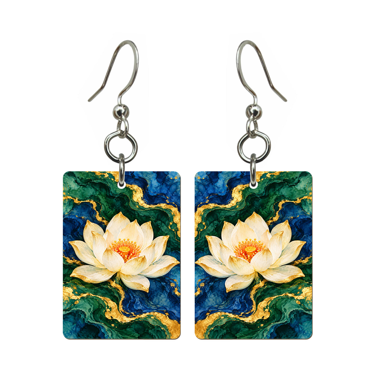 Gold Vein Lotus — 3:4 Mahjong earring pair