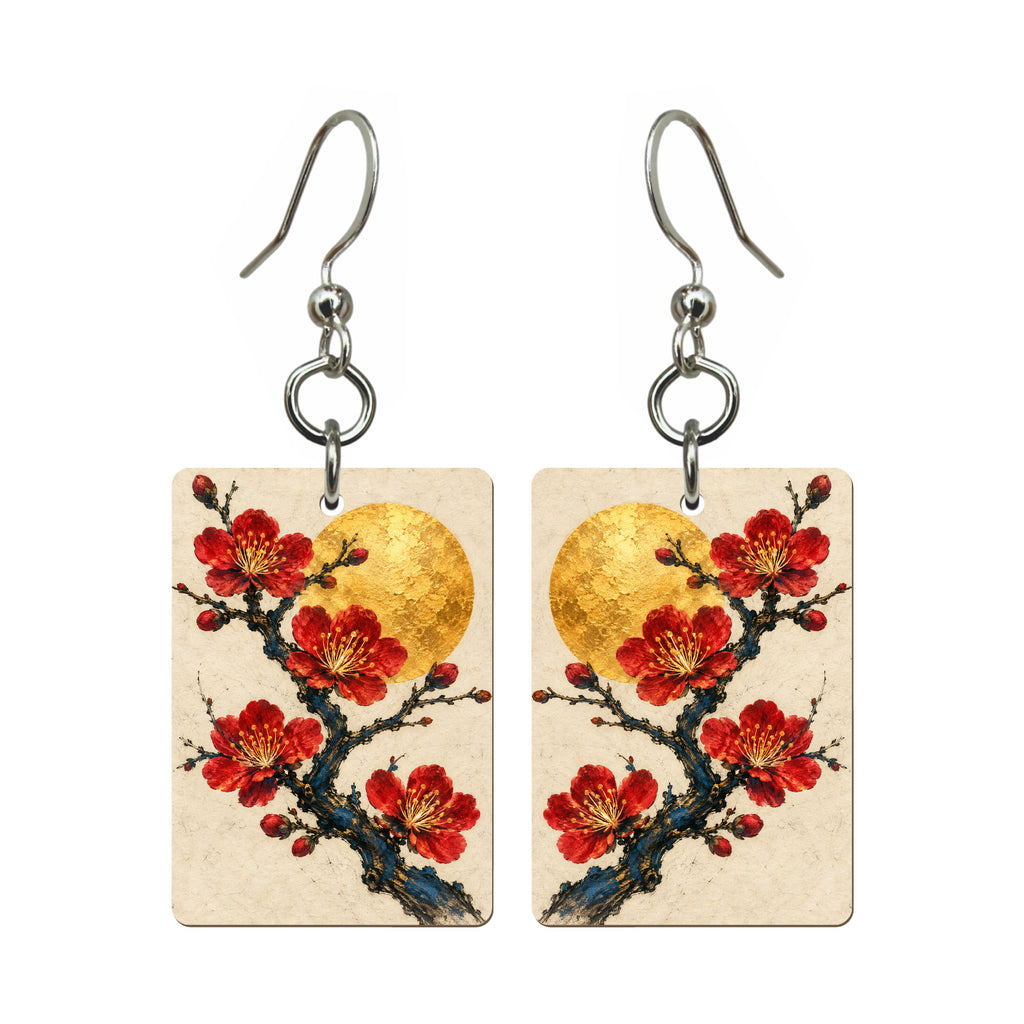 Plum Blossom Etching — 3:4 Mahjong earring pair
