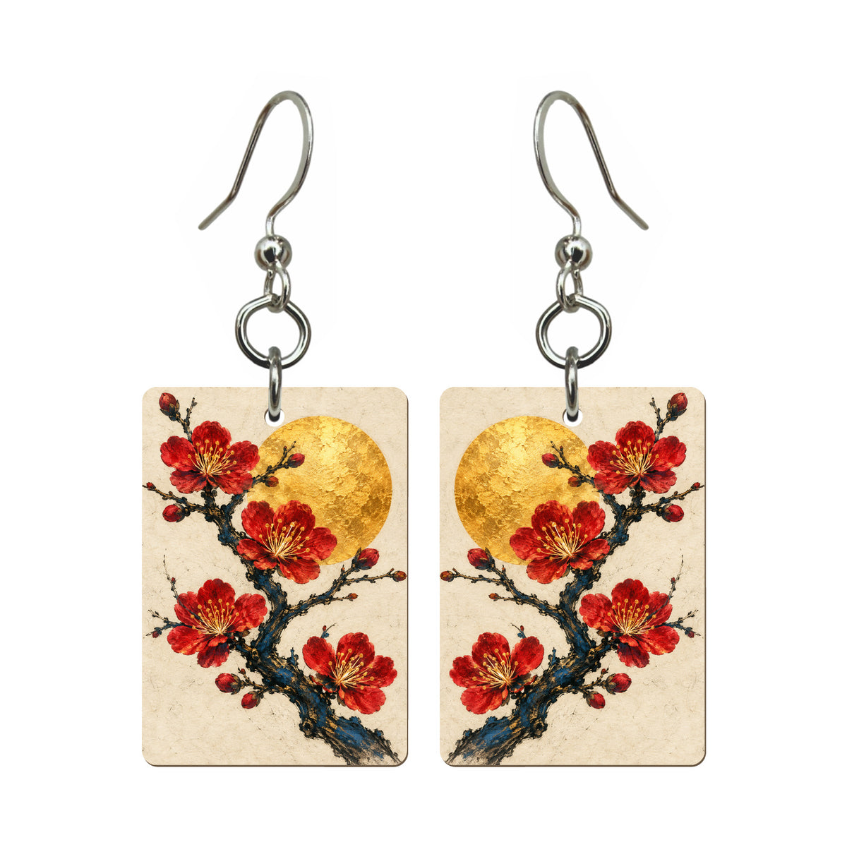 Plum Blossom Etching — 3:4 Mahjong earring pair