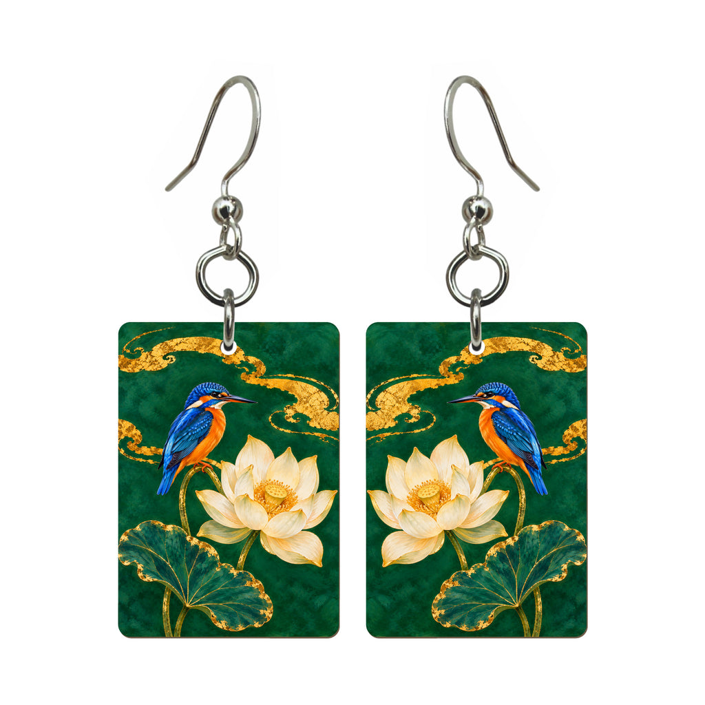Kingfisher in Glass — 3:4 Mahjong earring pair