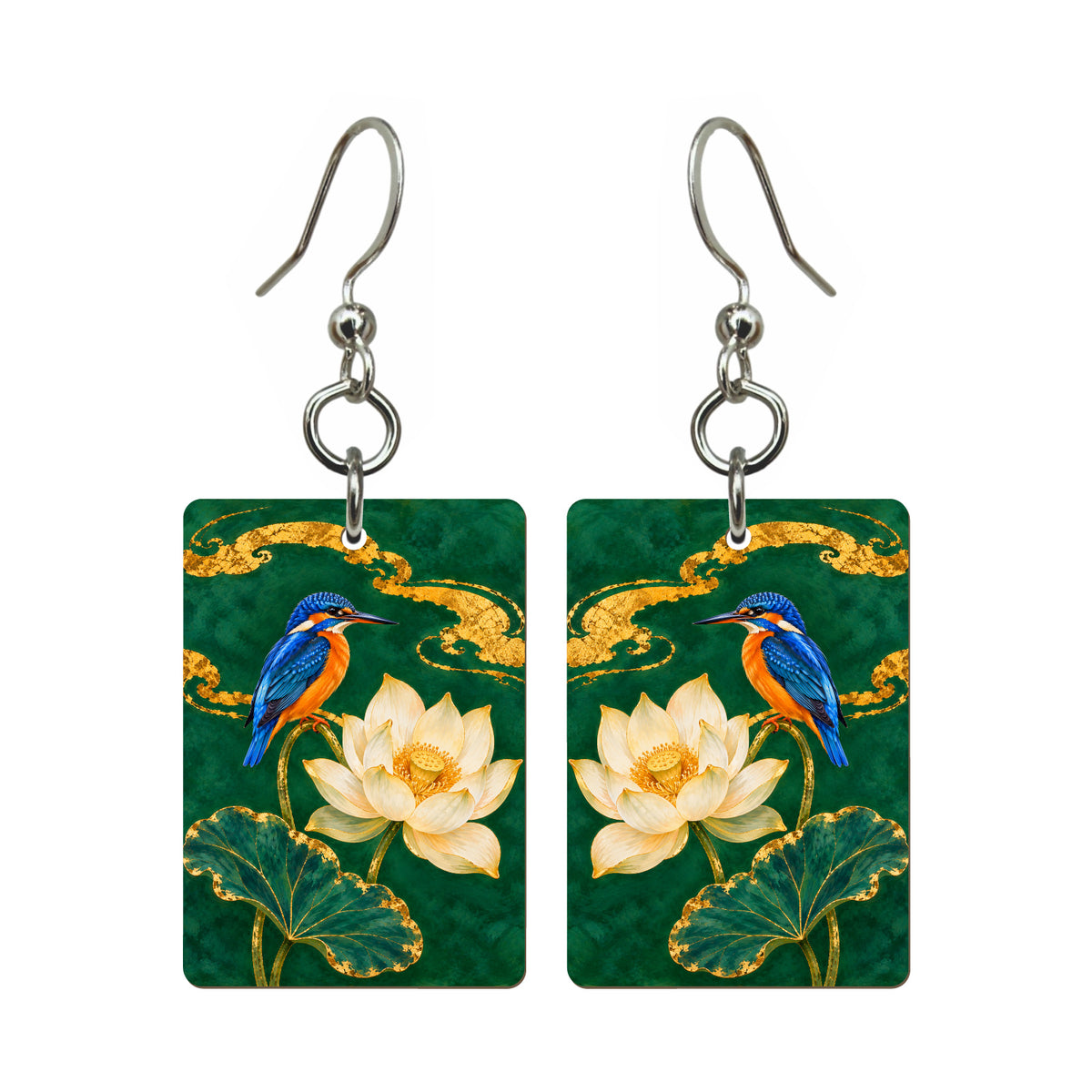 Kingfisher in Glass — 3:4 Mahjong earring pair