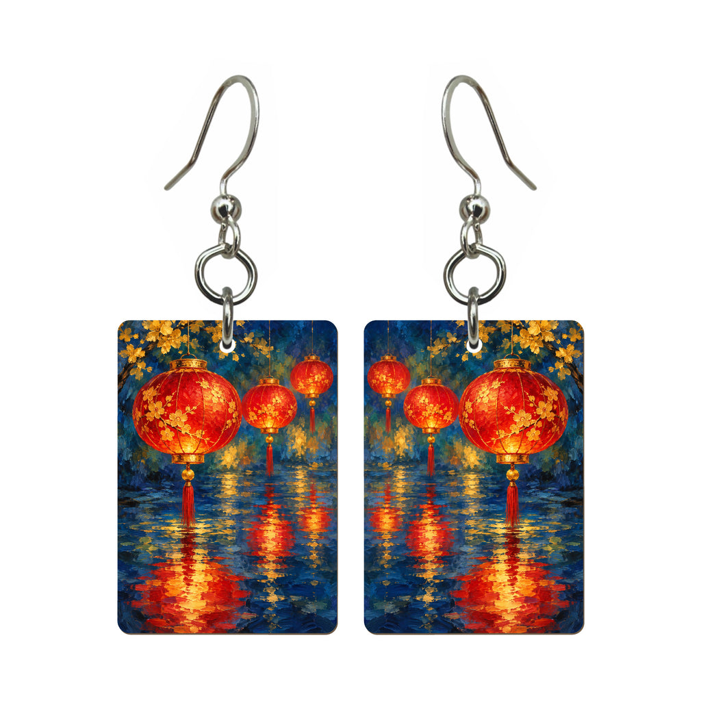 Lanterns in Rain — 3:4 Mahjong earring pair