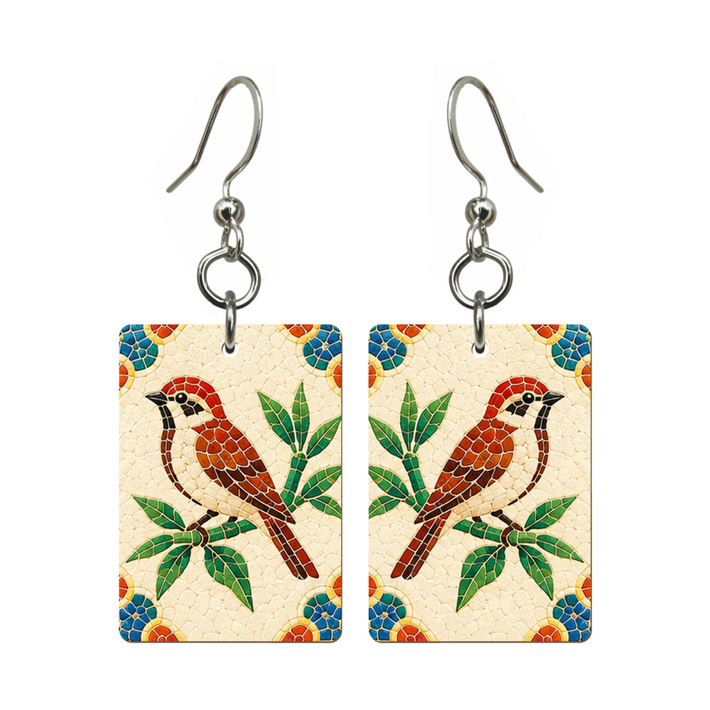 Mosaic Dragon Bamboo Bird Mahjong Earrings | FWMJ91 — earring pair