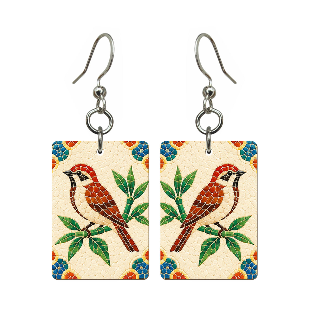 Mosaic Dragon Bamboo Bird Mahjong Earrings | FWMJ91 — earring pair
