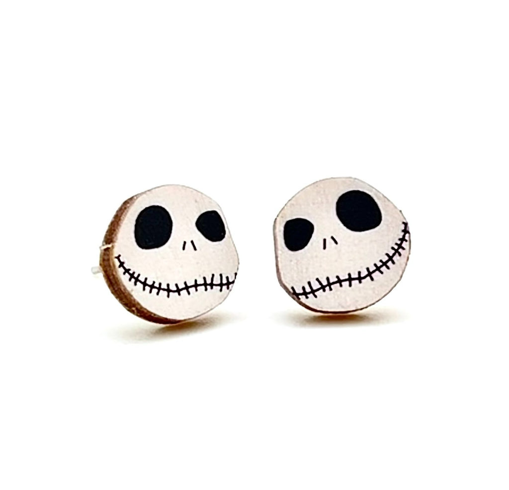Skeleton head stud earrings — small skull studs in wood, made in USA