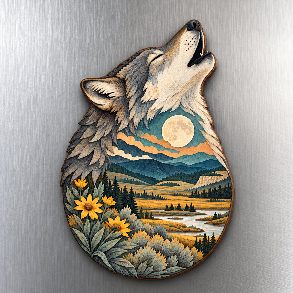 Lamar Valley Wolf M100 wooden magnet on a stainless steel refrigerator with a subtle laser-cut wood edge