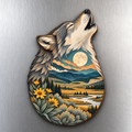 Lamar Valley Wolf M100 wooden magnet on a stainless steel refrigerator with a subtle laser-cut wood edge