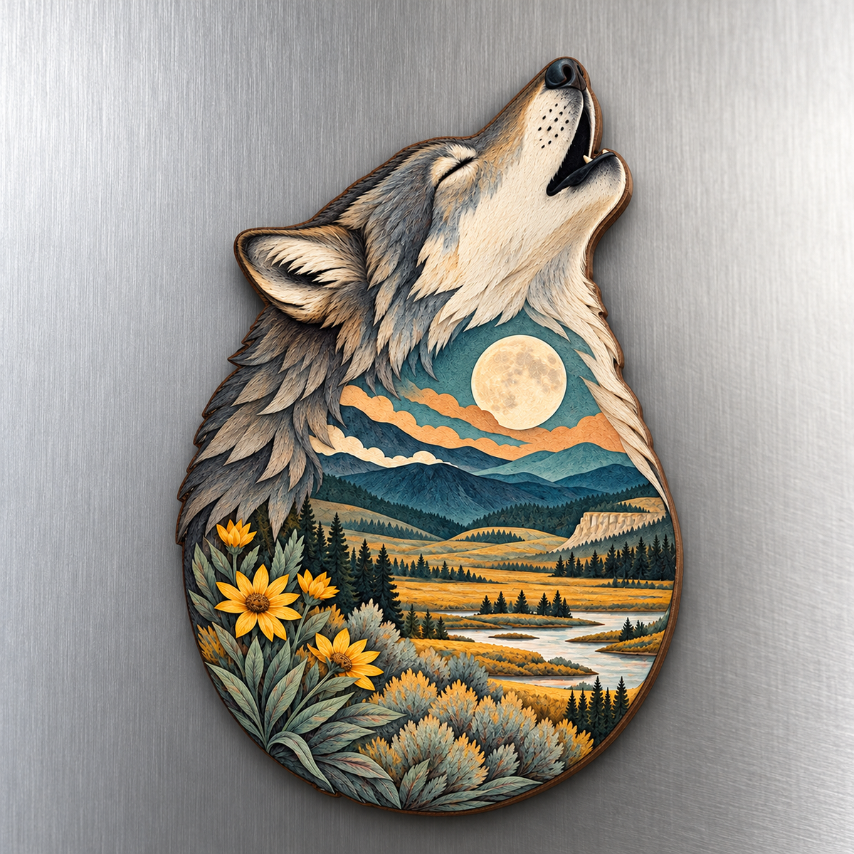 Lamar Valley Wolf M100 wooden magnet on a stainless steel refrigerator with a subtle laser-cut wood edge