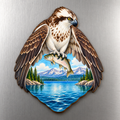 Osprey over Yellowstone Lake M101 wooden magnet on a stainless steel refrigerator with a subtle laser-cut wood edge
