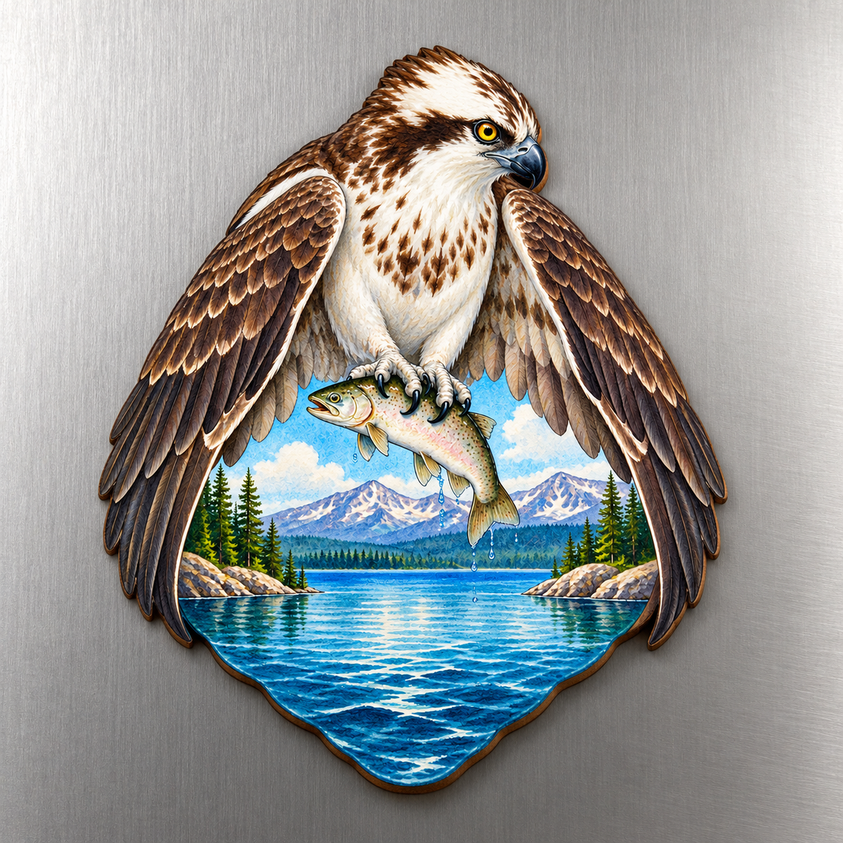 Osprey over Yellowstone Lake M101 wooden magnet on a stainless steel refrigerator with a subtle laser-cut wood edge