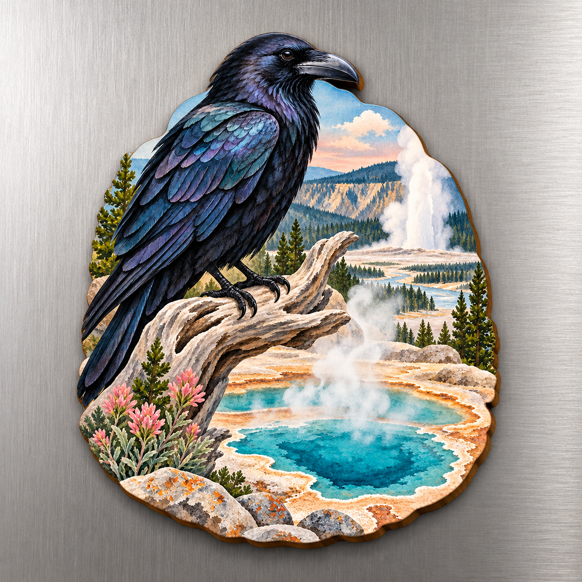 Raven and Steam M102 wooden magnet on a stainless steel refrigerator with a subtle laser-cut wood edge