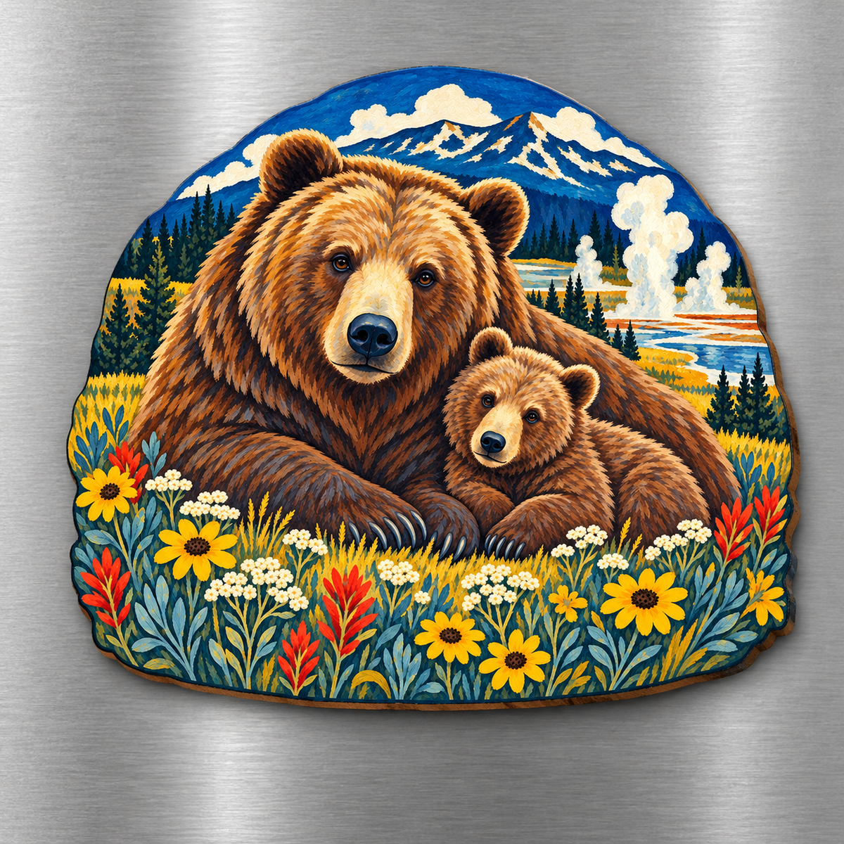 Grizzly Mother and Cub M103 wooden magnet on a stainless steel refrigerator with a subtle laser-cut wood edge